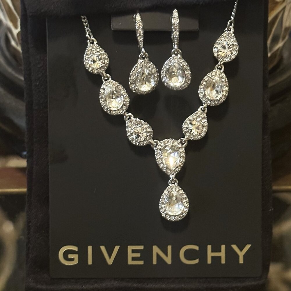 Givenchy Clear Crystal Teardrop Necklace and Earring Set